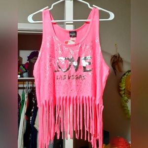 S-Hot Pink Popular Sports Tank Top. Says " Love Las Vegas " with Tassels Below.